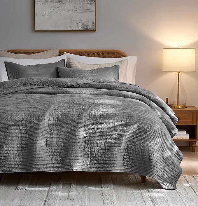 PALASSIO Striped Dark Grey 100% Cotton Quilt California Cal King Size Bedding by PALASSIO