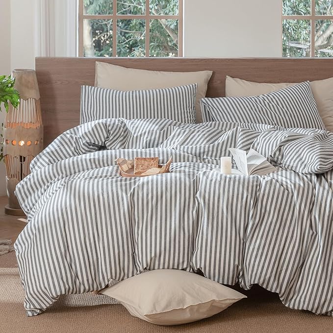MooMee Striped Duvet Cover Set 100% Washed Cotton Linen Like Textured - Image 6