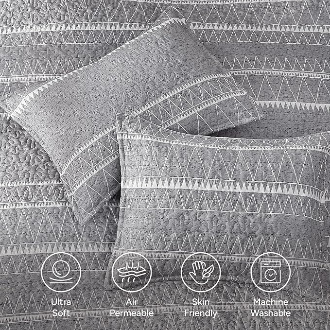 Andency Oversized Super King Quilt Set Grey, 3 Pieces Boho Lightweight Soft - Image 5