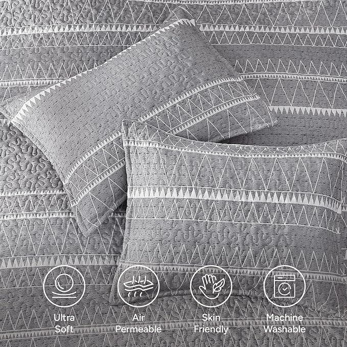 Andency California King Quilt Set Grey, 3 Pieces Boho Lightweight Soft Striped - Image 5
