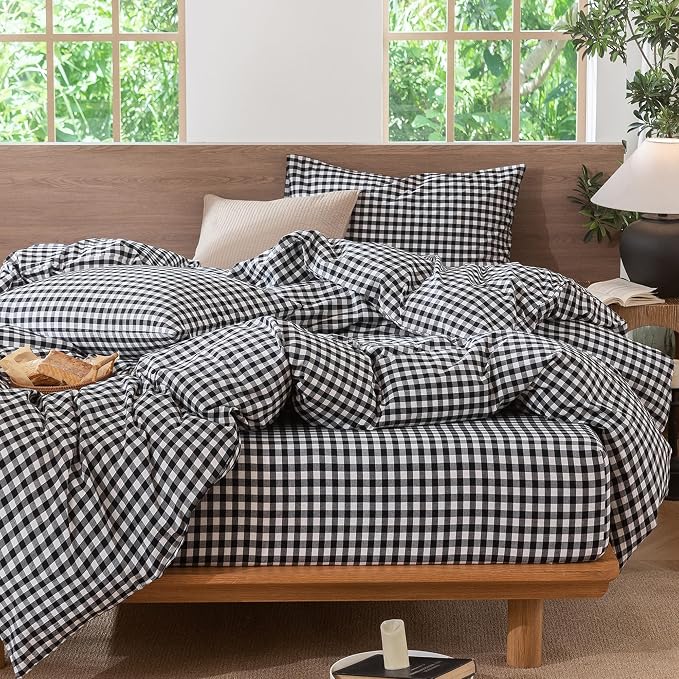 MooMee Gingham Duvet Cover Set 100% Washed Cotton Linen Like Textured - Image 6