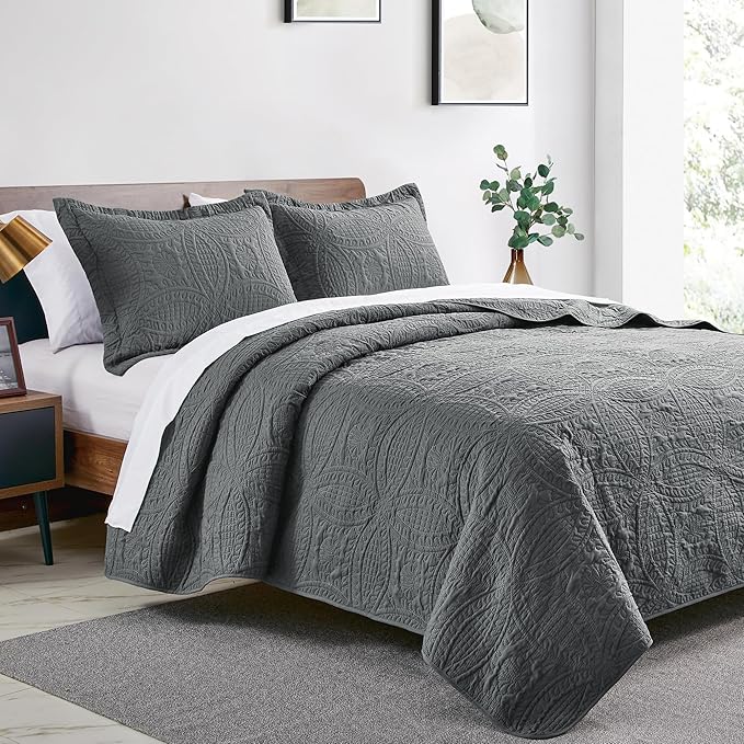 Love's cabin King Size Quilt Bedding Set Dark Grey Bedspreads - Image 2