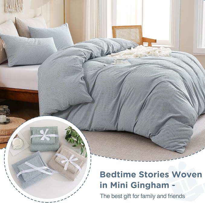 TOCOMOA Mini Gingham Blue Duvet Cover Bedding Set 100% Washed Cotton Like Linen - Image 7