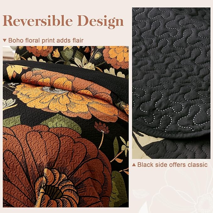 Tyrot 3 Piece Black Boho Floral Full/Queen Quilt Sets Reversible Farmhouse - Image 3