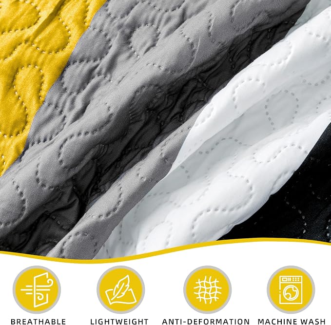 Tyrot 3 Piece Yellow Grey Quilt Set Full/Queen Size Yellow Gray White Geometric - Image 6