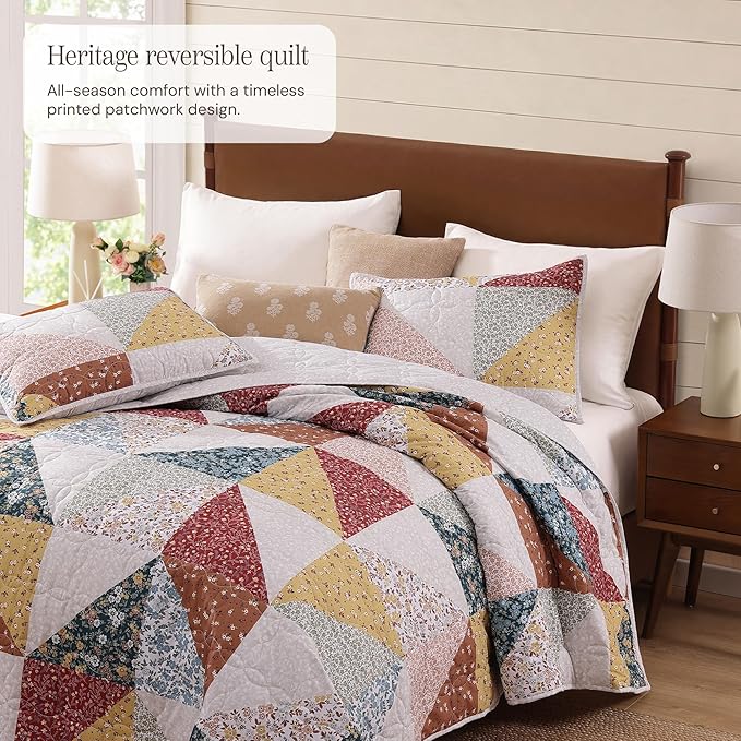 BLOOMHAVEN Quilt Set Queen Size, Patchwork Burnt Orange Floral Quilt Sets - Image 2