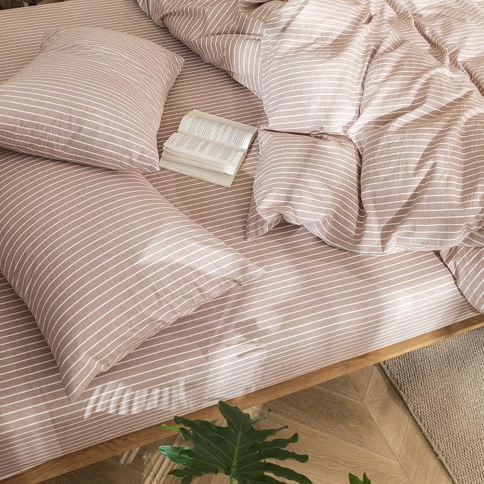 MooMee Striped Duvet Cover Set 100% Washed Cotton Linen Like Textured - Image 7