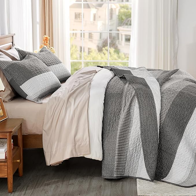 Andency Oversized King Quilt Bedding Set, 120x98Inch Dark Grey Stripe Super - Image 3
