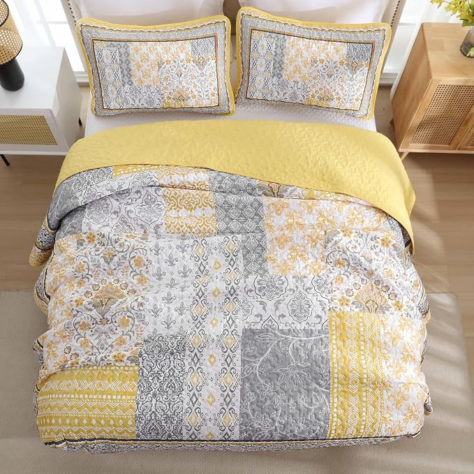 WONGS BEDDING Yellow Quilt Set King Size, Bohemian Patchwork Bedspread Coverlet - Image 4