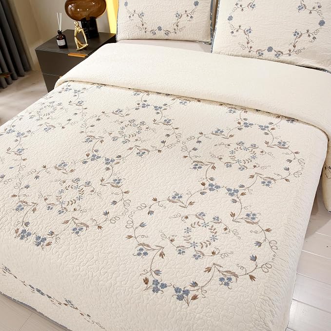 Quilt Set Blue Floral 3D Embroidery Pattern 3 PCS 100% Cotton Reversible by ROOMLIFE