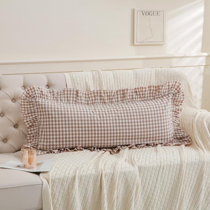 14x36 inches Taupe Plaid Ruffle Gingham Lumbar Throw Pillow Cover, Pure Cotton - Image 4
