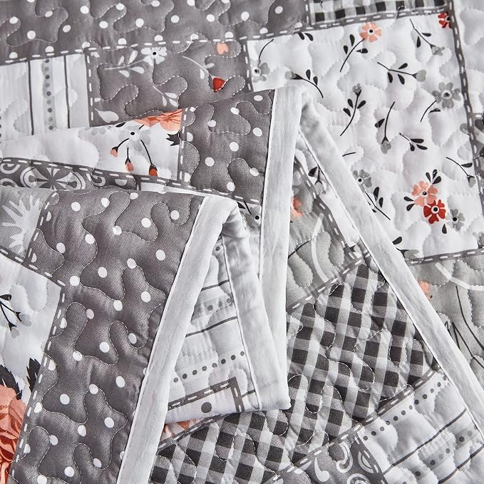 Patchwork Quilt Set King Size, 3 Pieces Grey White Floral Plaid Summer - Image 5