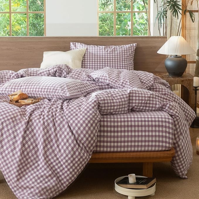MooMee Gingham Duvet Cover Set 100% Washed Cotton Linen Like Textured - Image 6