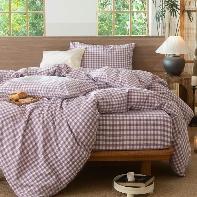 MooMee Gingham Duvet Cover Set 100% Washed Cotton Linen Like Textured - Image 6