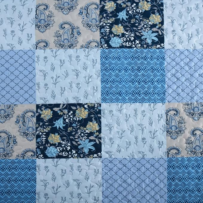 Xruibed Blue Quilt Set Queen Size 3 Pieces Plaid Floral Boho Bedspread Coverlet - Image 6