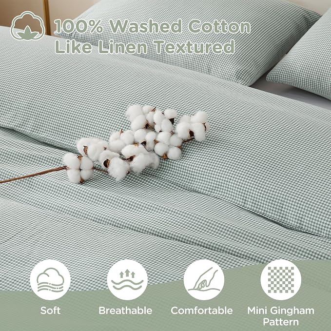TOCOMOA Mini Gingham Green Duvet Cover Bedding Set 100% Washed Cotton Like - Image 5