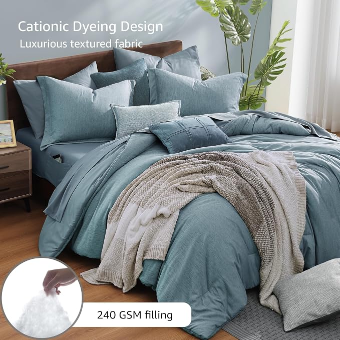 Monbix Full Size Comforter Set-7 Pieces Dusty Blue Cationic Dyeing Bed in a Bag - Image 3