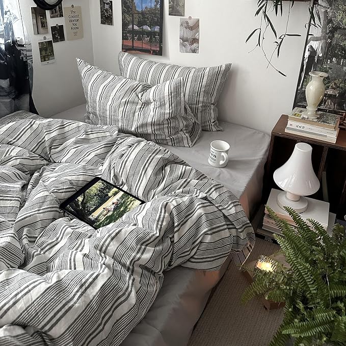 mixinni Vintage Gray & White Striped Duvet Cover Set - Image 2