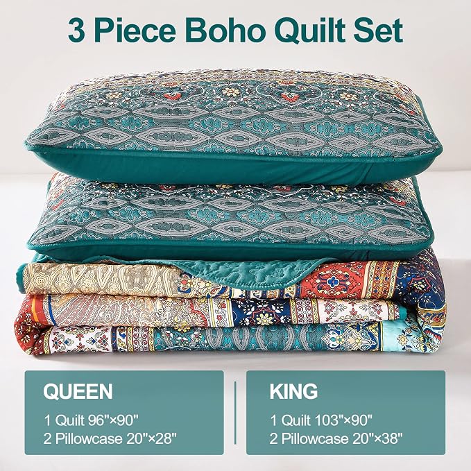 WONGS BEDDING Boho King Quilt Set, Lightweight Microfiber Bed Decor Bedspread - Image 6