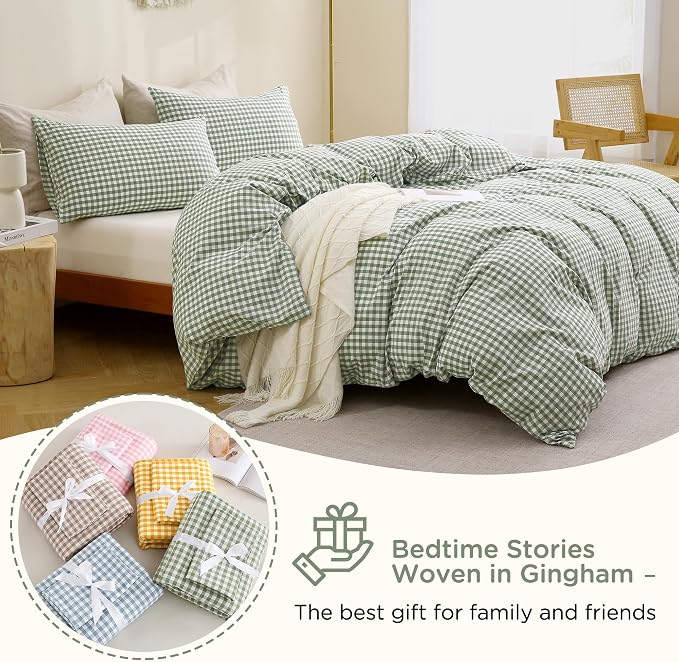 TOCOMOA Green Gingham Duvet Cover Bedding Set 100% Washed Cotton Like Linen - Image 7