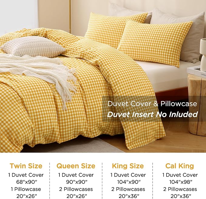 TOCOMOA Yellow Gingham Duvet Cover Bedding Set 100% Washed Cotton Like Linen - Image 8