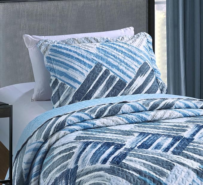 Brilliant Sunshine Blue and Grey Stripe Blocks Patchwork, 2-Piece Quilt Set - Image 3