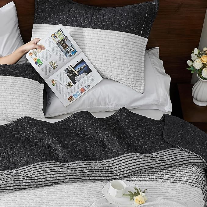 Andency California King Quilt Set Black and White, 3 Pieces Grey Ultra Soft - Image 4