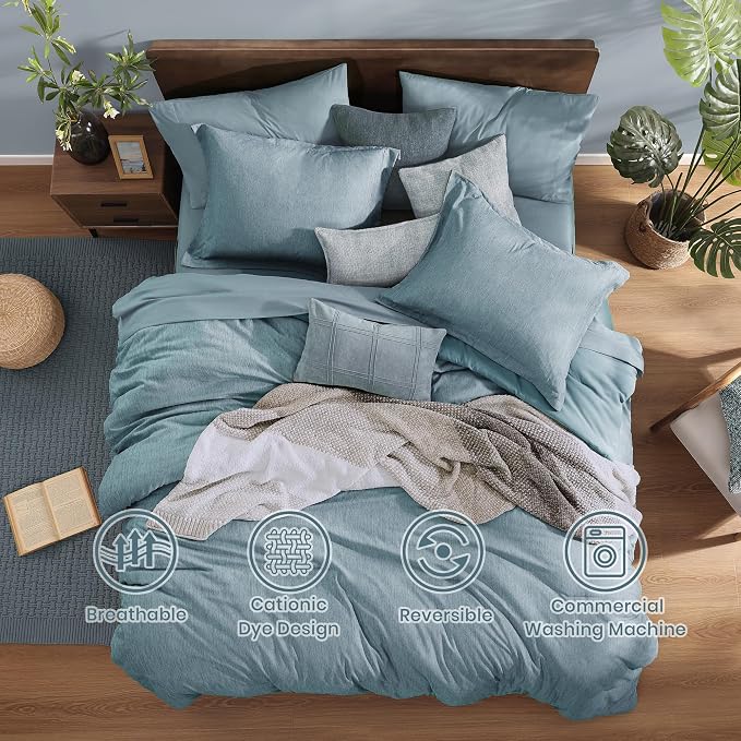 Monbix Full Size Comforter Set-7 Pieces Dusty Blue Cationic Dyeing Bed in a Bag - Image 4