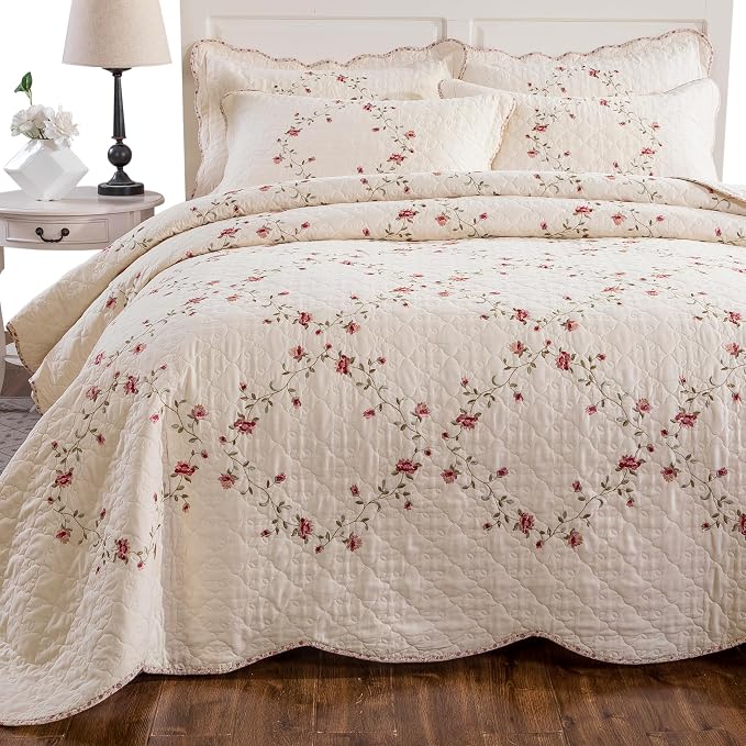 Quilt Set Floral Leaves 3D Embroidery Pattern 3 PCS Cotton Reversible Quilted by ROOMLIFE