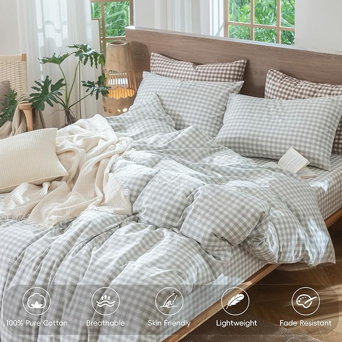 MooMee Gingham Duvet Cover Set 100% Washed Cotton Linen Like Textured - Image 4