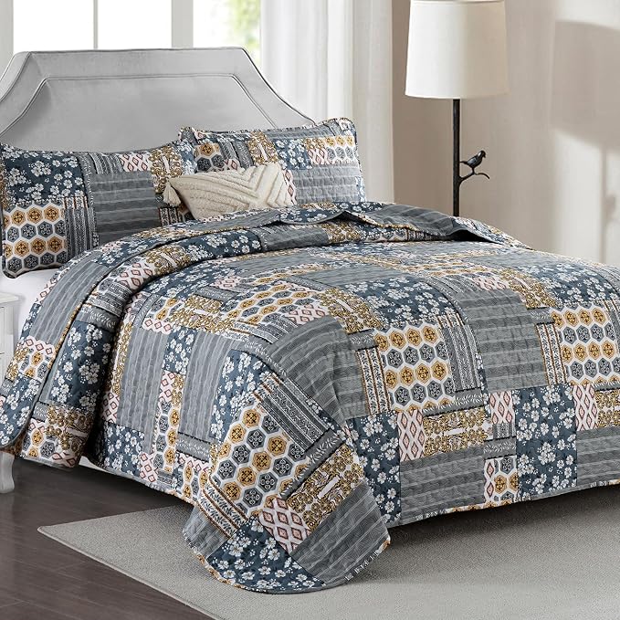Mybedsoul Dark Grey Quilt Set King Size, 3 Pieces Plaid Floral Bedspread Set - Image 2