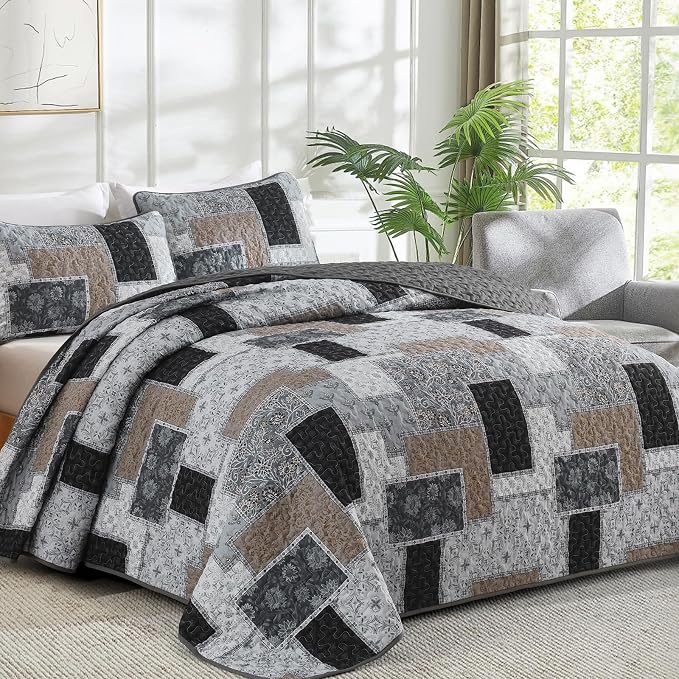 Xruibed Grey Quilt Set King Size 3 Pieces Plaid Floral Boho Bedspread Coverlet - Image 2