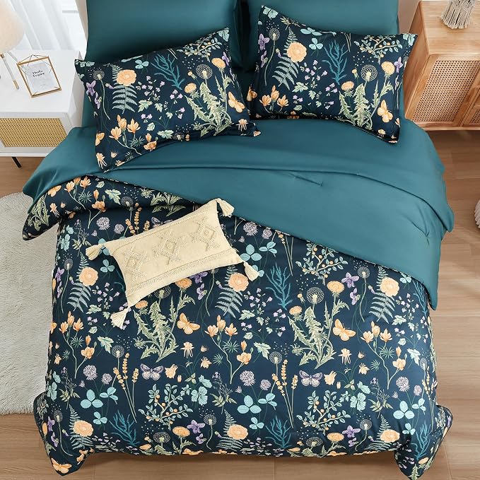 Yiran King Size Comforter Set 7 Pieces, Peacock Blue Botanical Floral Winter - Image 3