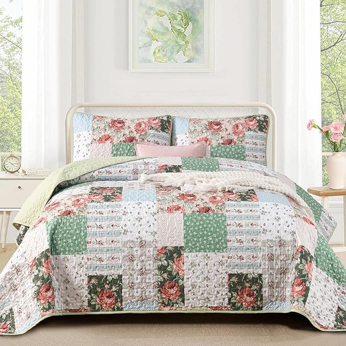 Anibedding 3 Pieces Green Patchwork Quilt Set Queen Size, Bohemian Red Flower by Anibedding