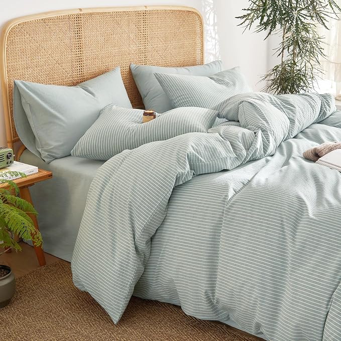 Wake In Cloud - Striped Cotton Duvet Cover Set, 100% Washed Cotton Textured - Image 8