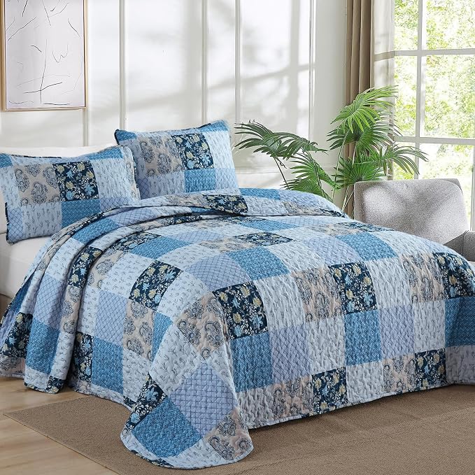 Xruibed Blue Quilt Set King Size 3 Pieces Plaid Floral Boho Bedspread Coverlet - Image 2
