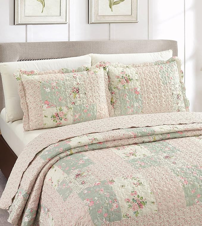 Brilliant Sunshine Rose and Sage Quilt Set, 3-Piece Bedding Sets, Traditional - Image 3