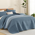 Litanika Oversized Queen Quilt Set Blue Linen, 98x98 Stripe Bedspread Coverlet by Litanika