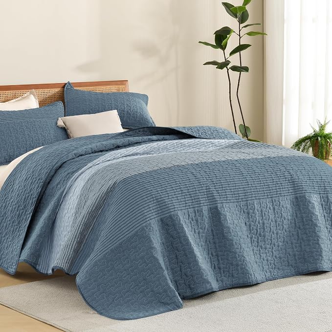 Litanika Oversized Queen Quilt Set Blue Linen, 98x98 Stripe Bedspread Coverlet by Litanika