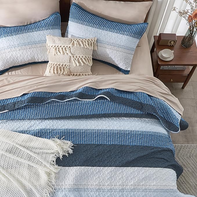 Andency Navy Blue Striped Quilt Set Cal King, 3 Pieces Patchwork Bedspread - Image 6