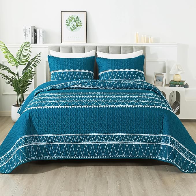 Andency Teal King Size Quilt Set, 3 Pieces Boho Lightweight Soft Striped by Andency
