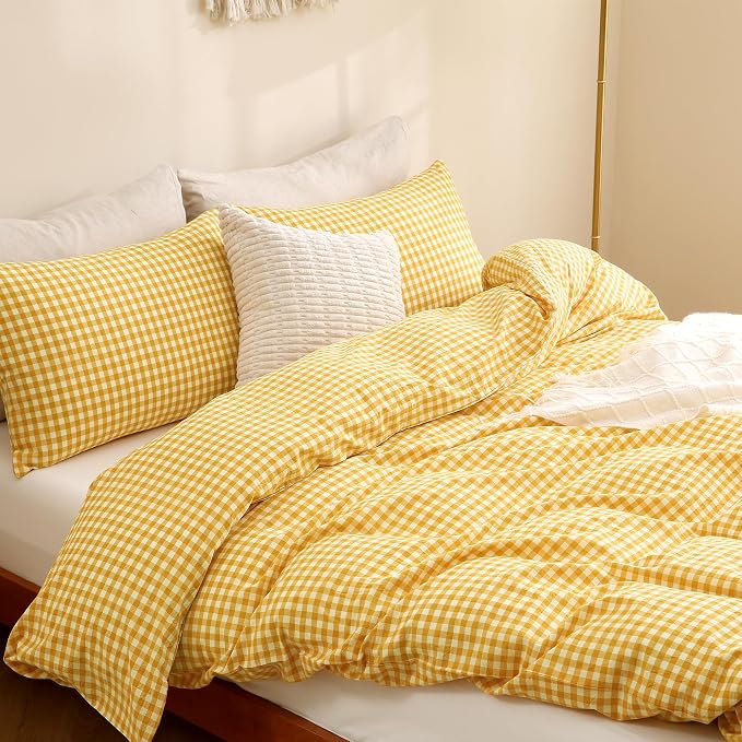 TOCOMOA Yellow Gingham Duvet Cover Bedding Set 100% Washed Cotton Like Linen - Image 4