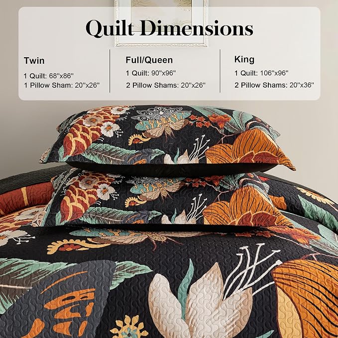 Tyrot 3 Piece Black Boho Floral King Size Quilt Sets Reversible Farmhouse - Image 6