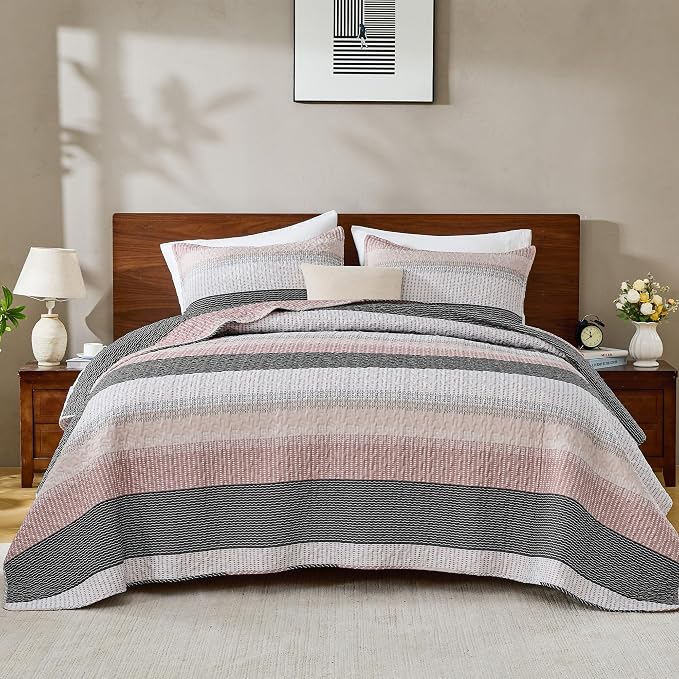 Andency California King Quilt Set Grey Pink, 3 Pieces Ultra Soft Lightweight - Image 7
