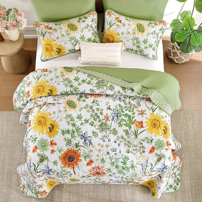 Yiran Floral King Quilt Bedding Set, Sage Green Sunflower Colorful Bedspreads - Image 4