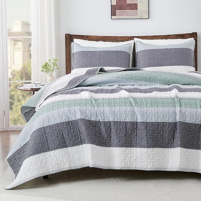 Andency Stripe Quilt Set Twin, 2 Pieces Mint Green Patchwork Striped Bedspread by Andency