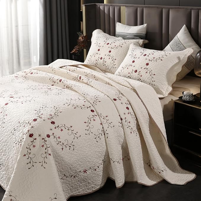 Quilt Set Floral Leaves 3D Embroidery Pattern 3 PCS Cotton Reversible Quilted - Image 2