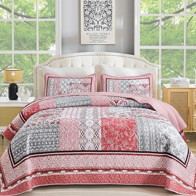 WONGS BEDDING Pink Quilt Set Queen Size, Bohemian Patchwork Bedspread Coverlet by WONGSBEDDING