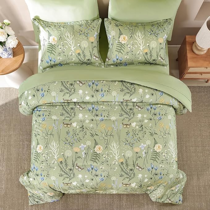 Yiran Sage Green Floral Comforter Set Queen Size, 7 Piece Botanical Comforter - Image 3
