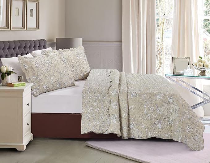 Brilliant Sunshine Classic Grey Floral Toile in Beige Background, 3-Piece Quilt - Image 2